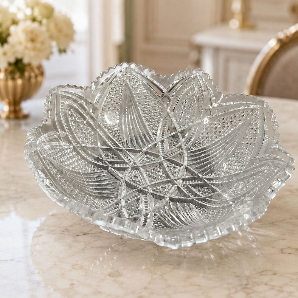 Vintage Clear Cut Glass Crystal Floral Starburst Serving Bowl – 10”...